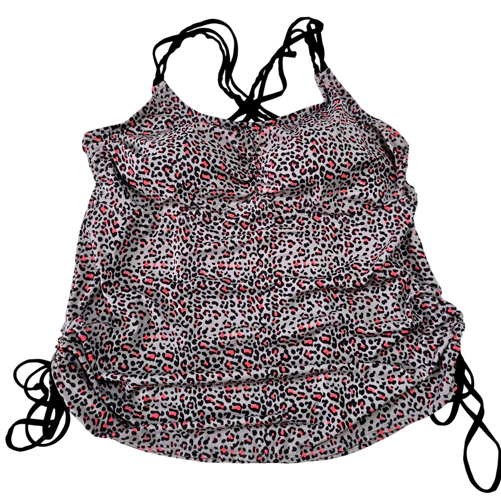 Womens Size XL Tankini Swim Top Pink Grey Leopard Print Ruched Strappy Back